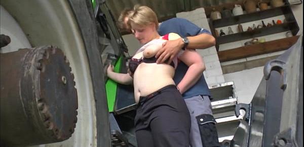 Ugly chubby blonde garage boss fuck her employee, eating his cum